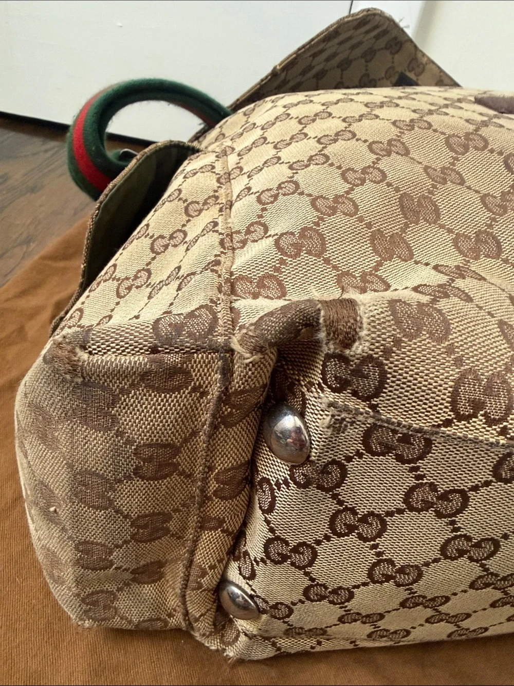 Gucci Brown GG Canvas Diaper Bag with Green and Red Signature Strap